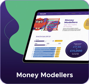 A digital tablet displaying the Money Modellers website, showcasing savings calculations with colorful graphics.