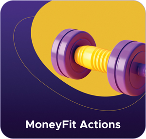 A colorful dumbbell with a purple and yellow design, representing MoneyFit Actions and encouraging fitness and financial health.