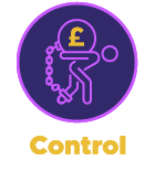 Icon depicting a person with a money bag, symbolizing financial control, surrounded by a circular background in purple and yellow with the word 