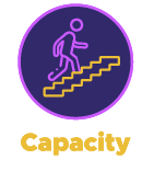 A graphic depicting a person ascending stairs, enclosed in a circular purple border, with the word 