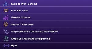 List of employee benefits including Cycle to Work Scheme, Free Eye Tests, Pension Scheme, Season Ticket Loan, Employee Share Ownership Plan (ESOP), Employee Assistance Programme, and Gym access.