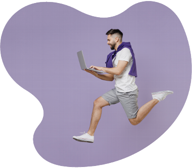 A man in casual attire jumps while holding a laptop, with a purple background, symbolizing energy and productivity.